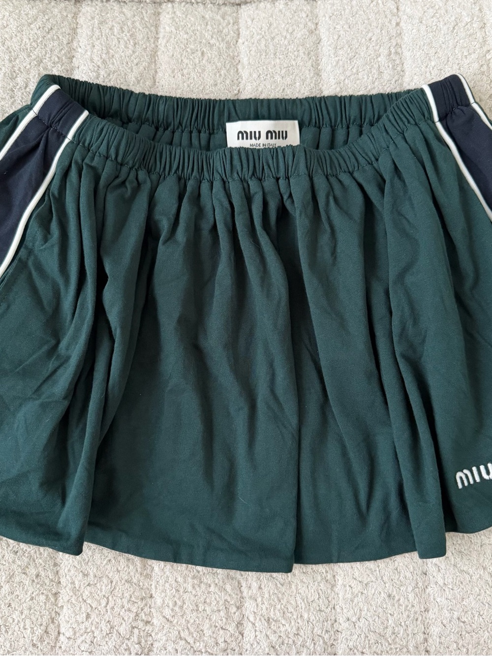 Miu Miu Forest Green Pleated Skater Skirt with Navy Panels